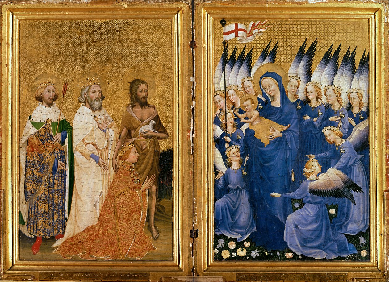 II. Richard, Bakire ve Çocuğa Koruyucusu Vaftizci Yahya ve Azizler Edward ve Edmund tarafından takdim edildi, c.1395-99 (meşe üzerine yumurta tempera) by Master of the Wilton Diptych