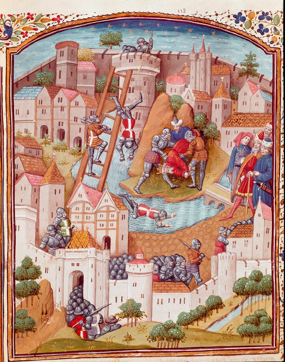 Müstahkem bir kasabanın fethi Giovanni Boccaccio dit Jean Boccace (1313-1375), İtalyan yazar tarafından “Soylu erkek ve kadın talihsizlikleri vakaları”ndan (De casibus) alınan minyatür, Laurent de Premierfait tarafından çevrildi ve Dunois ustası tarafından by Master Dunois