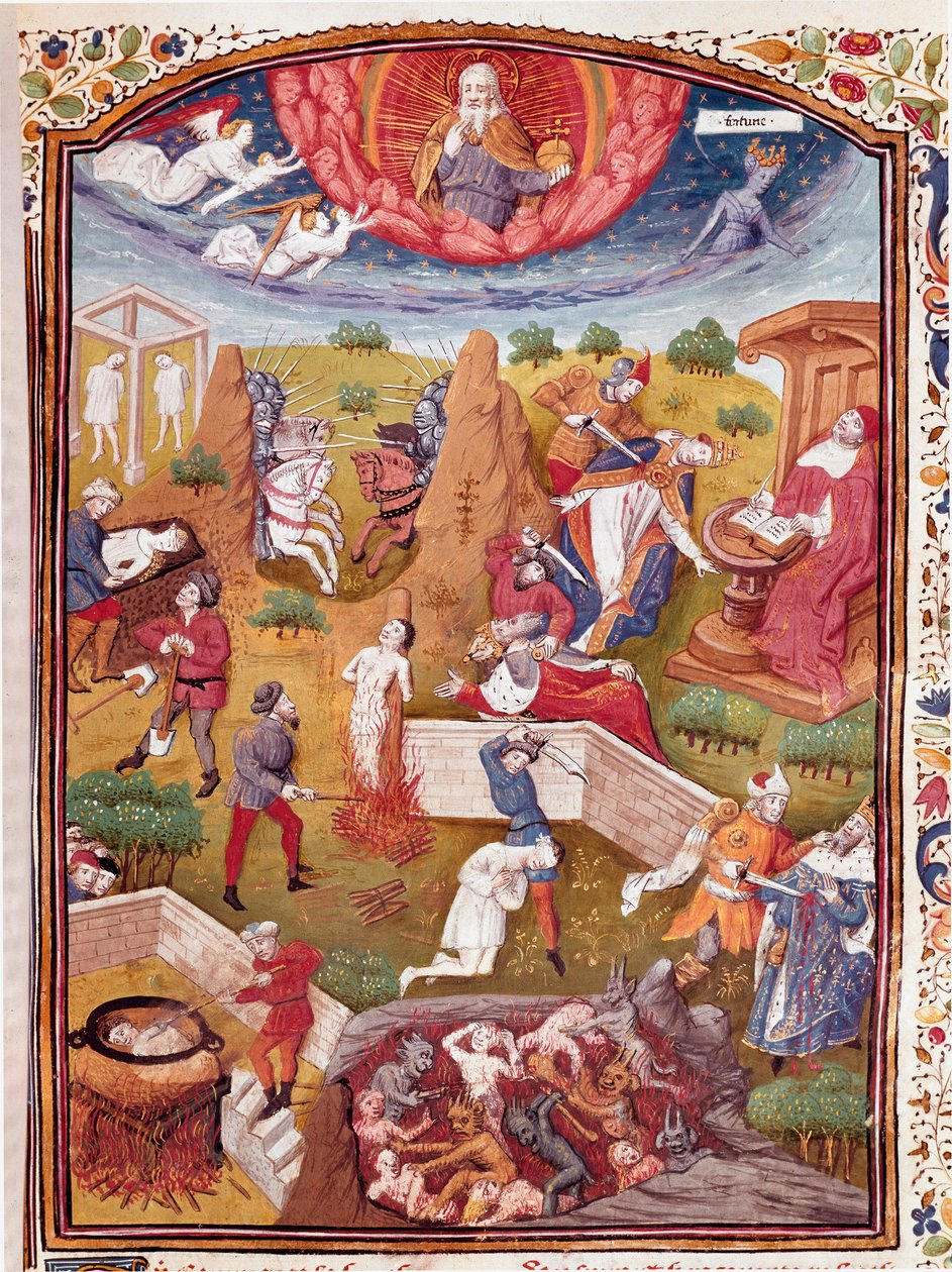 Boccace Vizyonu: işkence, asma, katliam sahnesi Minyatür “Soylu erkek ve kadın talihsizlik vakaları”ndan (De casibus) Giovanni Boccaccio dit Jean Boccace (1313-1375), İtalyan yazar, Laurent de Premierfait tarafından çevrildi ve t ile aydınlat by Master Dunois