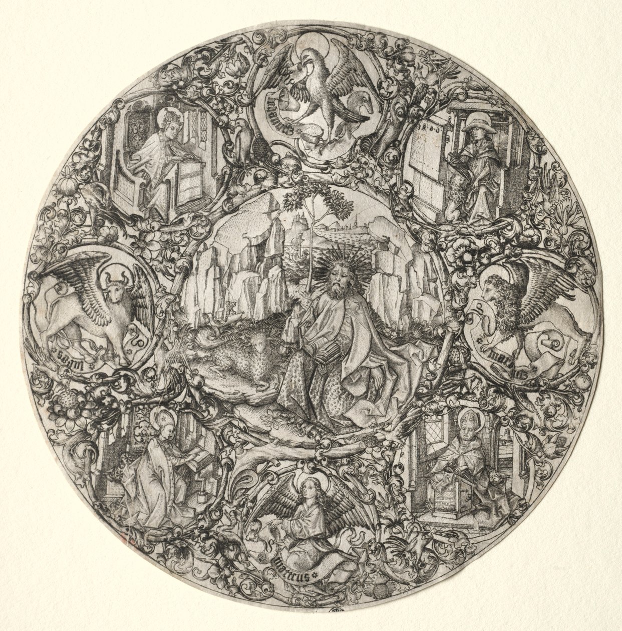 Vaftizci Yahya, Evanjelistler ve Latin Kilisesi'nin Dört Babası tarafından çevrili, 1466. by Master E. S.