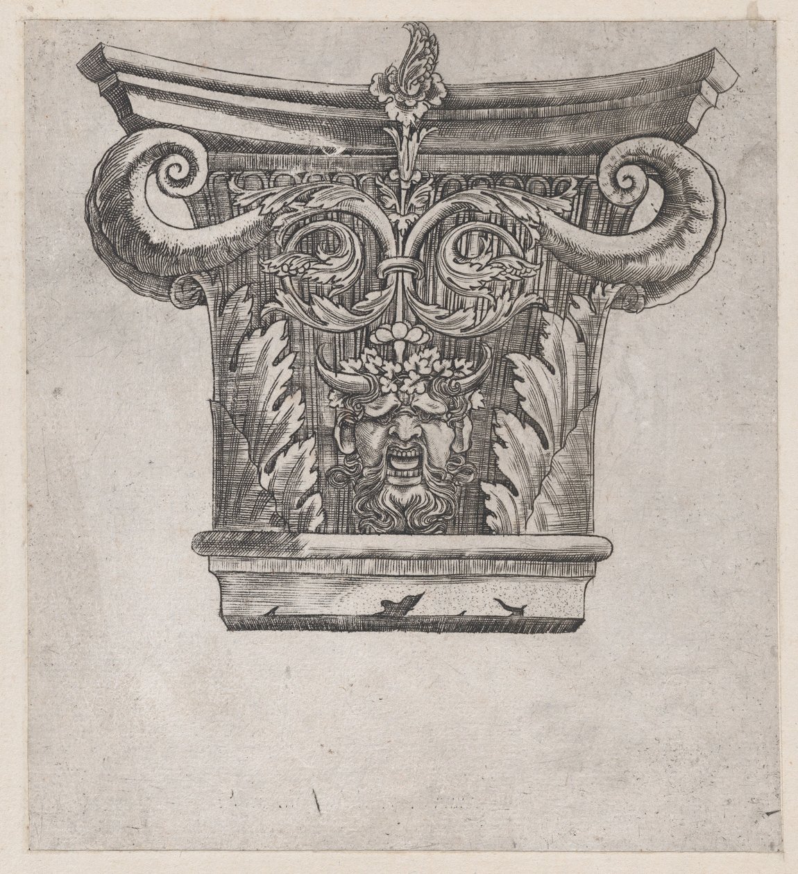 Görkemli Roma Aynası: Bezelye volütleri ve satir başlı başkent, ca. 1537., yakl. 1537 by Master GA