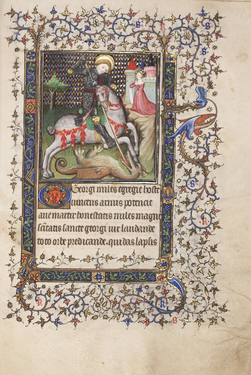 MS Widener 4 f.188r, St. George Ejderhayla Dövüşmek, Saatler Kitabından, Rennes kullanımı, c.1405 (parşömen üzerine kalem ve mürekkep ve tempera) by Master Lucon