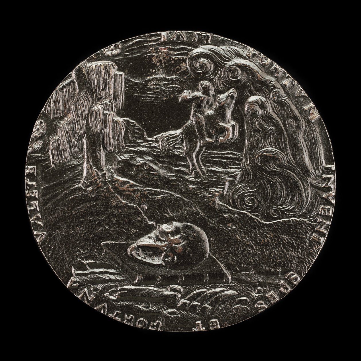 Manzarada Kitap, Kafatası, Kemikler ve Binici [ters], 1526. by Master M.P.