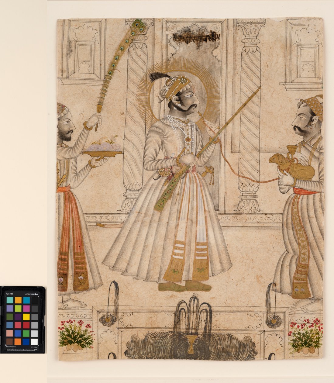 Maharana Amar Singh II, koyun şeklinde bir nargile içiyor, c.1705 (kağıt üzerinde opak suluboya ve altın rengi) by Master Stipple