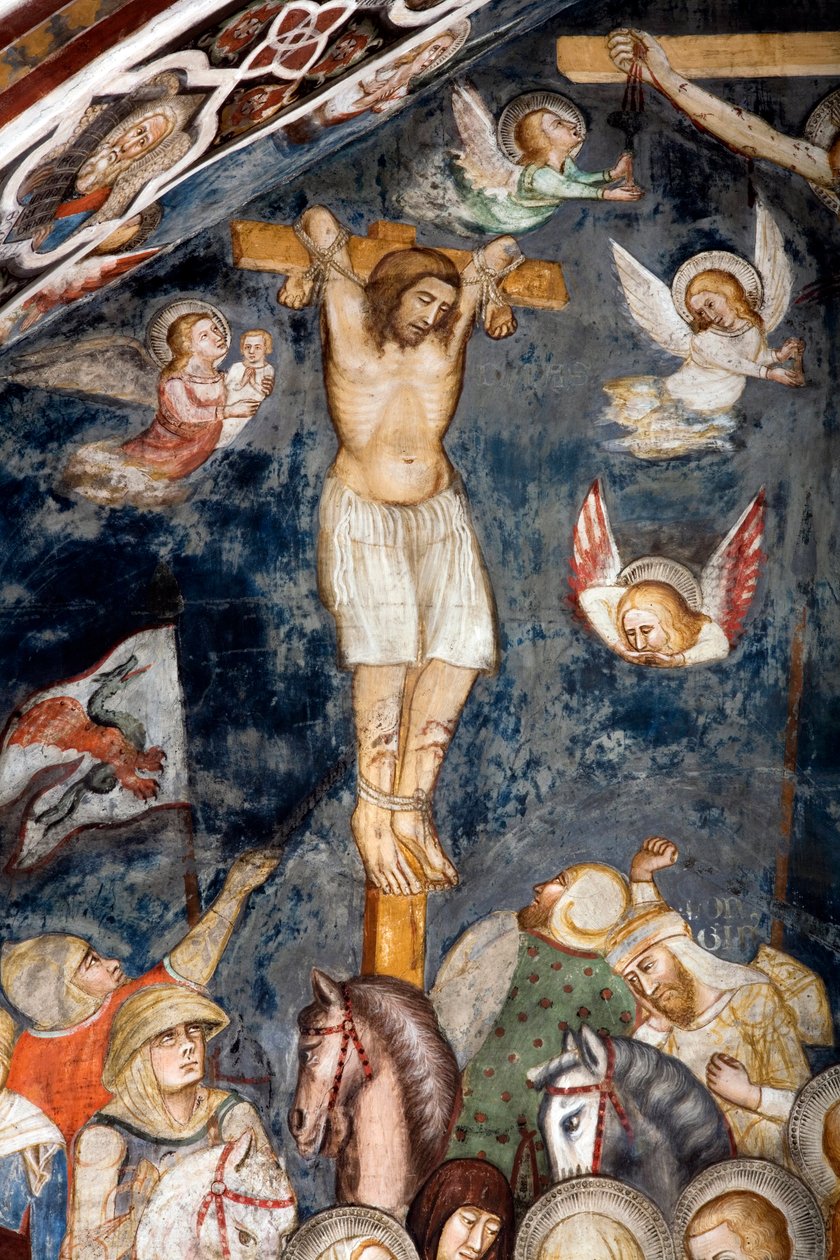 Tövbe eden hırsız, İsa ile birlikte çarmıha gerilir, ruhu bir melek tarafından kucaklanır Aziz Dismas olarak da adlandırılan iyi hırsızın temsili by Master Trecentesco of Sacro Speco School