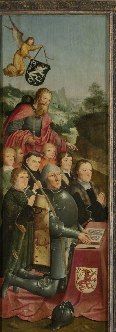 Sekiz Erkek Portreli Anıt Paneli, muhtemelen Willem Jelysz van Soutelande ve Ailesi, Büyük Aziz James ve Van Soutelande Aile Arması, bir sunağın iç sol kanadı by Master of Alkmaar