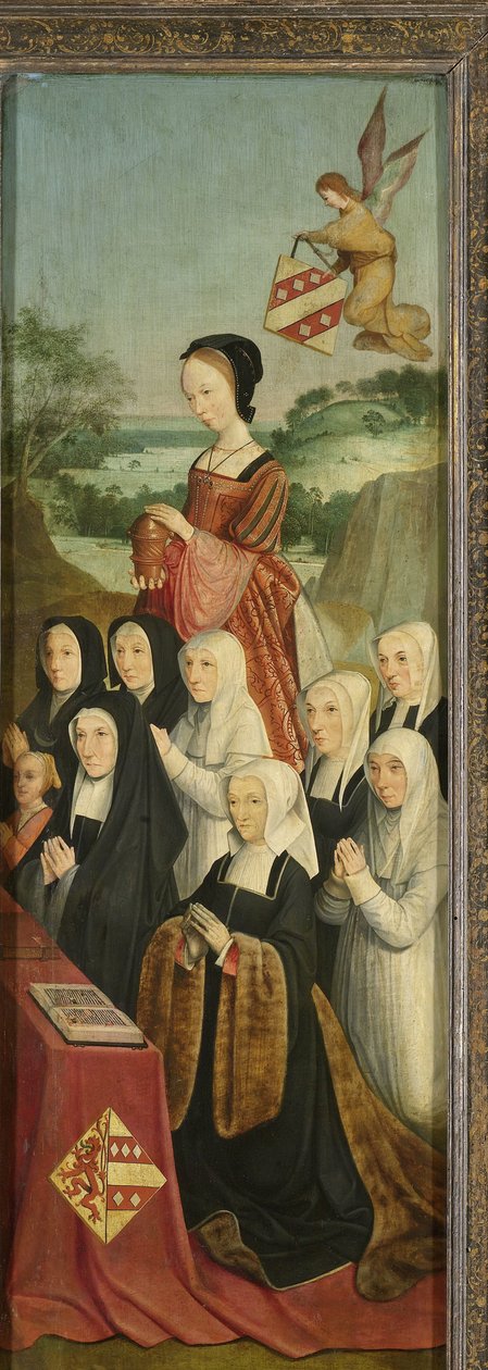 Dokuz Kadın Portreleri ile Anma Paneli, muhtemelen Kathrijn Willemsdr van der Graft ve Ailesi, Saint Mary Magdalene ve Van Soutelande Ailesi ve Van der Graft-Van Soutelande Armaları, bir sunağın iç sağ kanadı by Master of Alkmaar