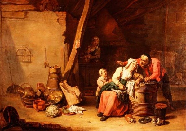 Yaşlı bir kadını uyandıran bir köylü ile bir ahır by Master of Beguins