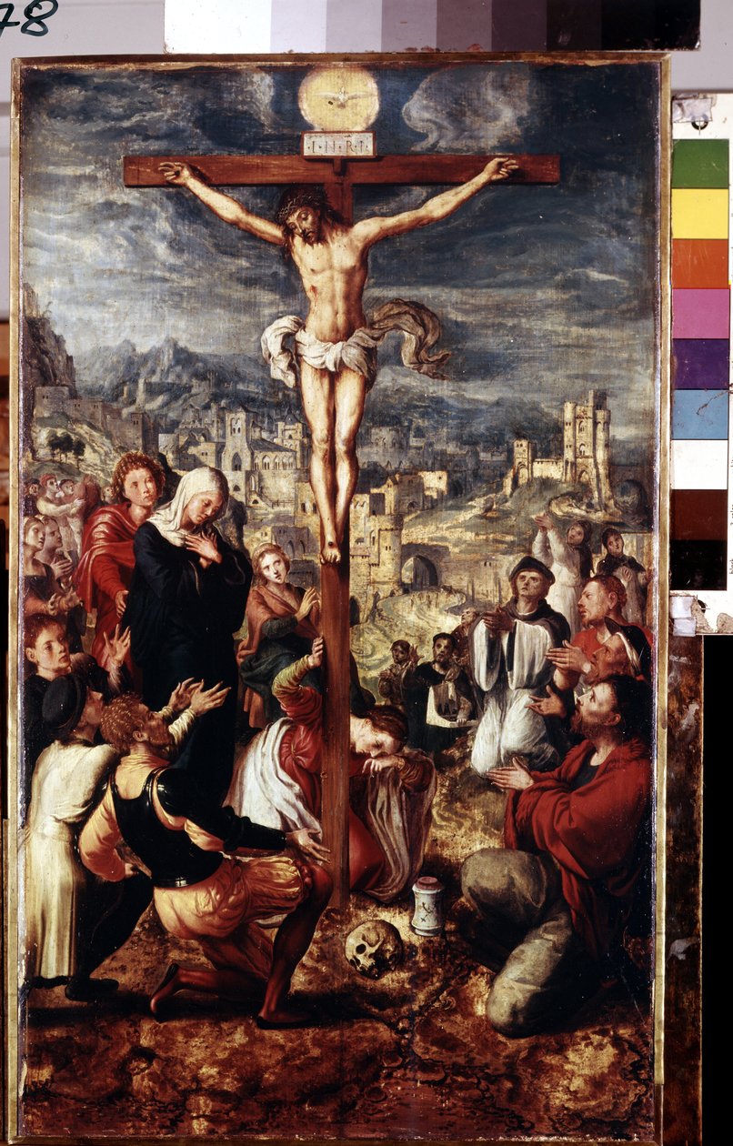 Calvary (Calvary). Arka planda Kudüs şehri ile çarmıha gerilmiş İsa
