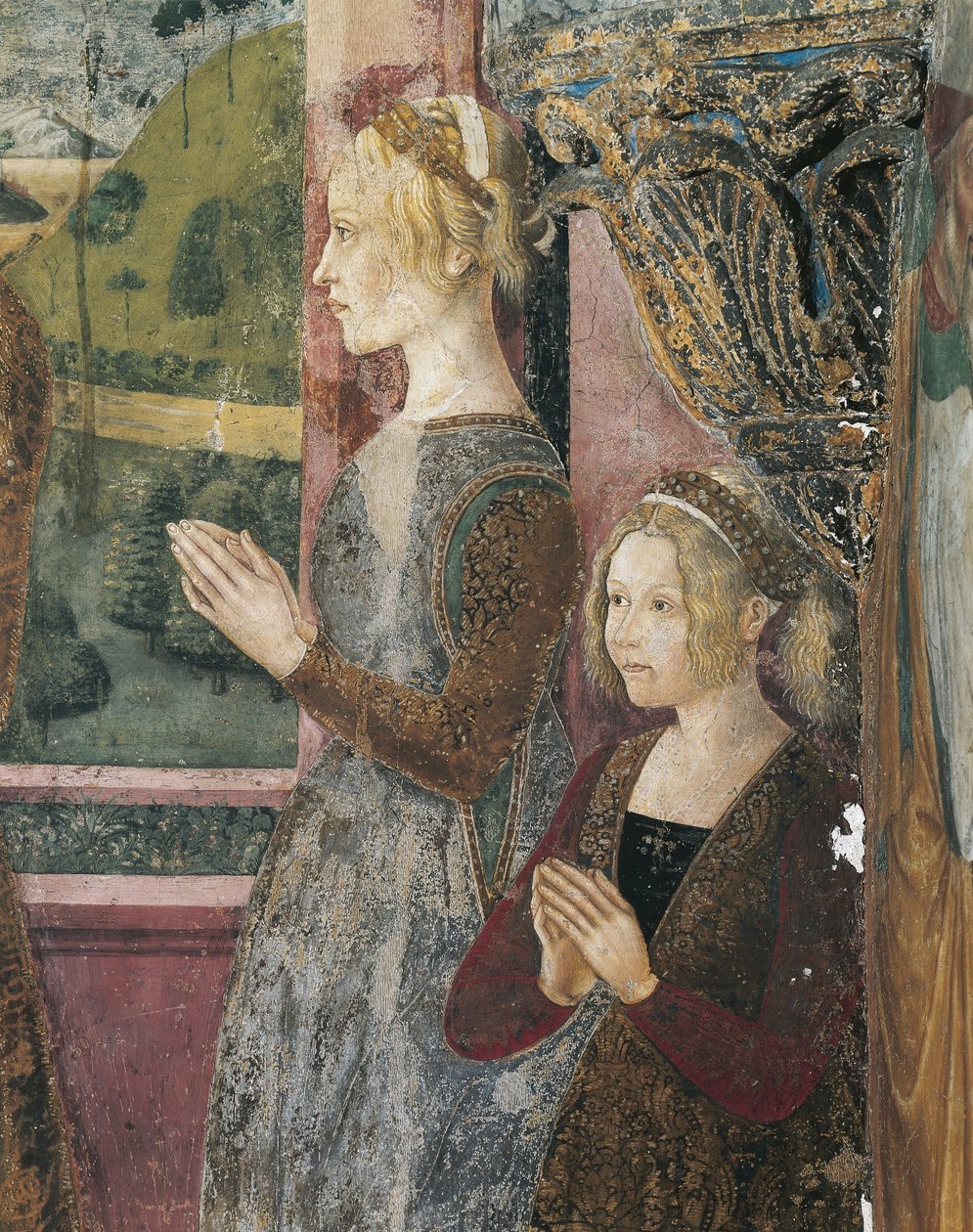 İtalya, Piedmont Bölgesi, Alessandria Eyaleti, Serralunga di Crea, Sacro Monte di Crea, Santa Maria Assunta Kutsal Alanı, Antakyalı Aziz Margaret Şapeli, Paleologo ve Bernarda di Bosse'yi tasvir eden fresk by Master of Crea
