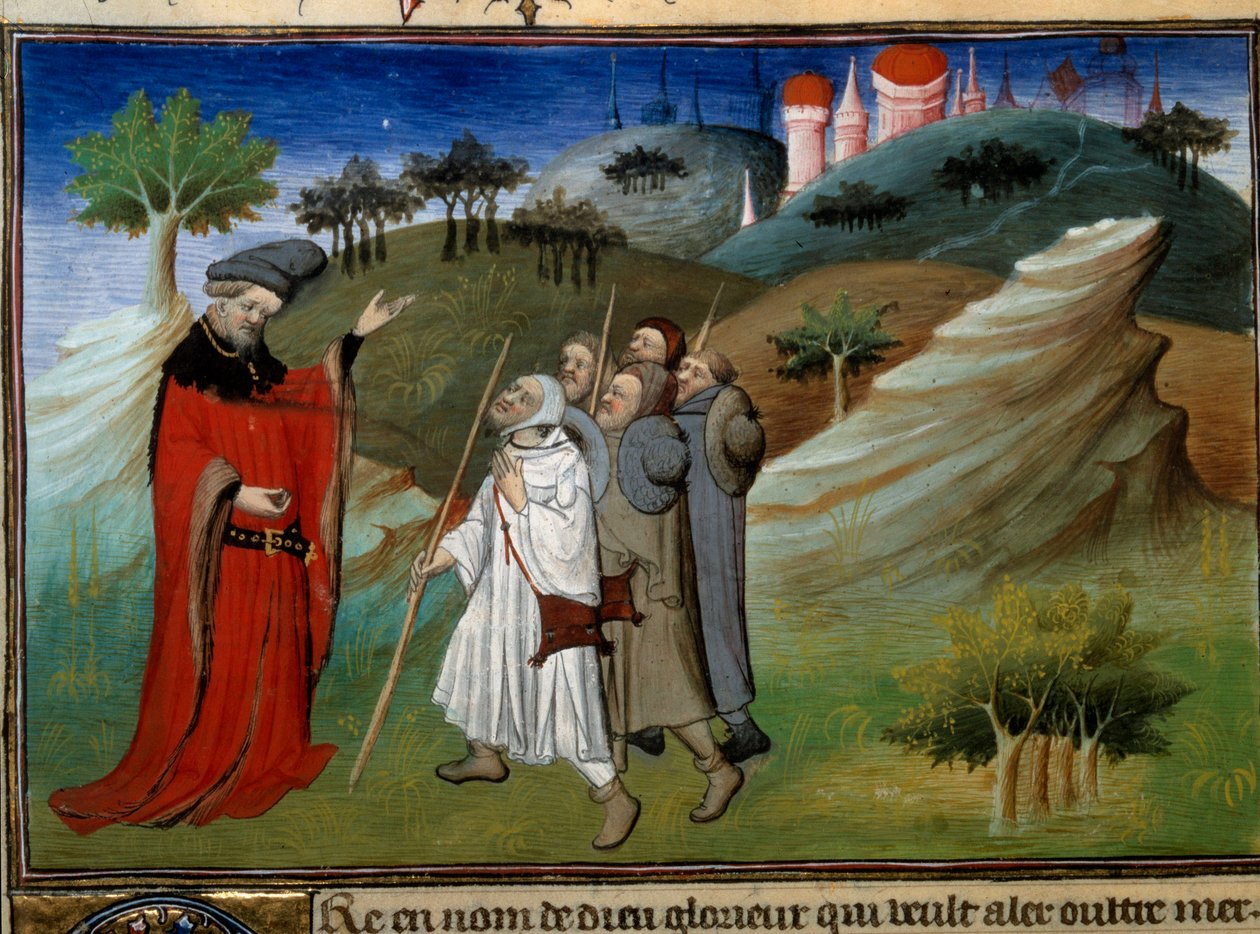 Des pelerins sur la terre sainte John (Jehan de Mandeville) (1300? - 1372) tarafından yazılan “” Yolculuklar”daki minyatür, Egerton Ustası tarafından aydınlatılan, yaklaşık 1410-1412, el yazması koleksiyonundan (Bayan 2810) , Folio 142v.) “” Harikalar Kita by Master of Egerton