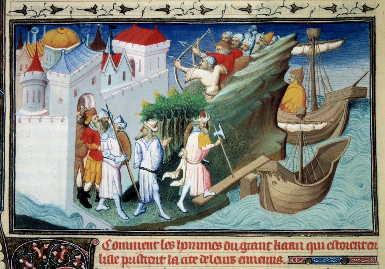 Japonlara karşı Büyük Han ya da “Adayı kuşatan Büyük Han'ın adamları Şehri düşmanlarından nasıl aldılar.” Minyatür, Marco Polo'nun (1254-1324) “” Harikalar Kitabı””ndan alınmıştır. Master of Egerton tarafından aydınlatıldı by Master of Egerton