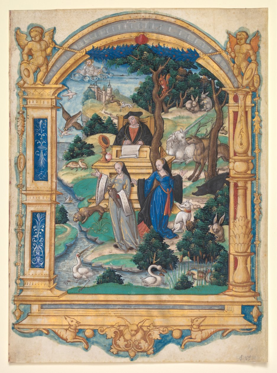 Guillaume Crétin'in El Yazmasından Bir Şiirin Ön Yazısı Minyatür: İki Kadın Arasındaki Tartışma by Master of Francis I