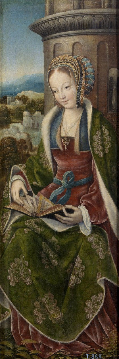 Barbe la grande şehit - Müzik Yapan Meleklerle Kutsal Ailenin Üçlü Parçası. Sağ panel: Saint Barbara par Frankfurt Ustası (1460-ca. 1533), yaklaşık 1510-1520 - Ahşap üzerine yağlı boya, 79x27 - Museo del Prado, Madrid by Master of Frankfurt
