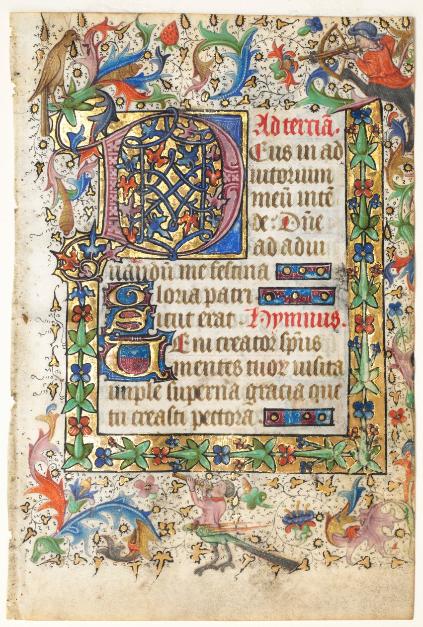 Saatler Kitabından Bir Yaprak: Yapraklı Bordürlü Süslü İlk D[eus] (Terc'in Açılışı: Kutsal Ruh'un Saatleri) by Master of Guillebert de Mets