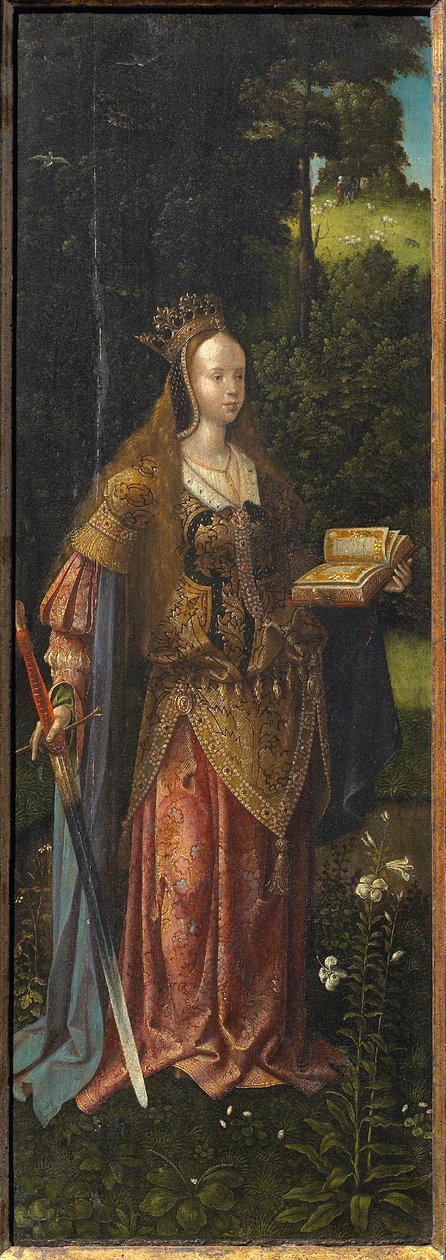 Aziz Catherine. Melekler ve Azizler ile Kutsal Aile Catherine ve Barbara Triptych, 16. yüzyıl. by Master of Hoogstraeten