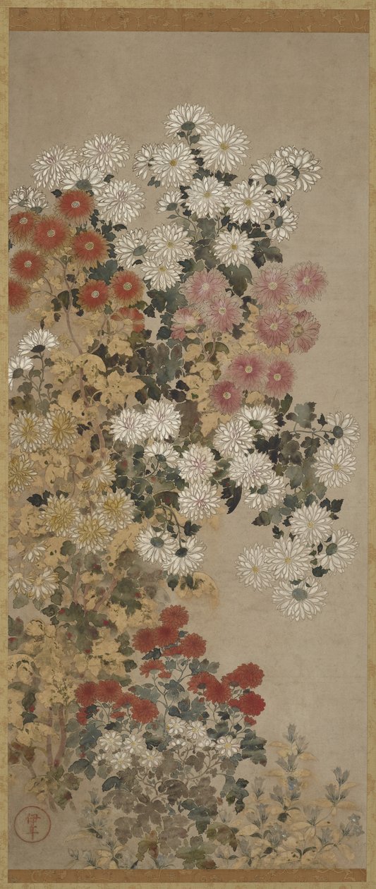 Krizantem, Asma kaydırma (panel üzerine monteli), 1600-30 (kağıt üzerine renkli) by Master of I nen Seal
