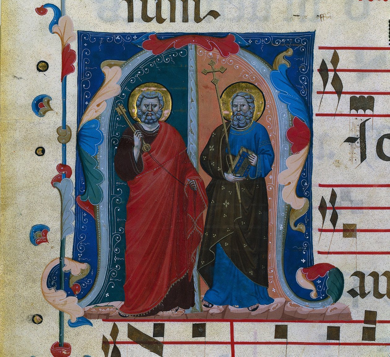 Tarihlendirilmiş İlk Harfli Kademeli Bir Yapraktan (M): SS. Peter ve Andrew by Master of Isaac and Esau