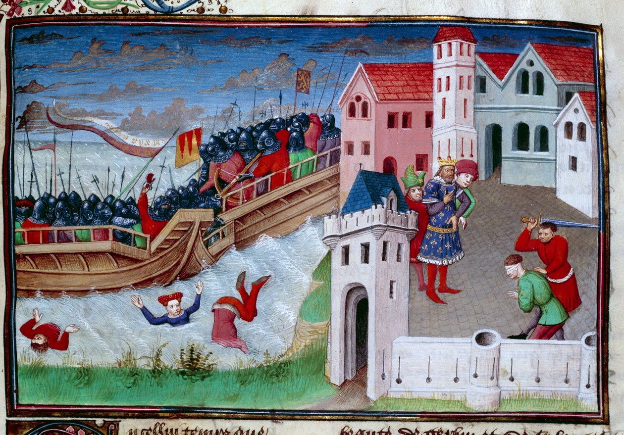 Savaş sahnesi ve dekapitasyon. Giovanni Boccaccio'nun (Jean Boccace) "Decameron" adlı romanının illüstrasyonu by Master of Jean Mansel