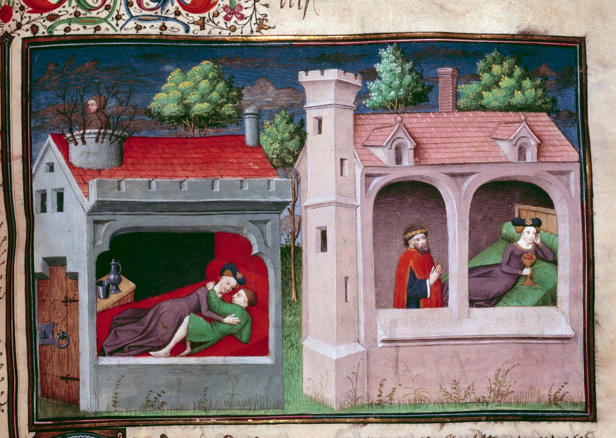 Gallant sahnesi: konuşan iki çift. İtalyan yazar Giovanni Boccaccio dit Jean Boccace