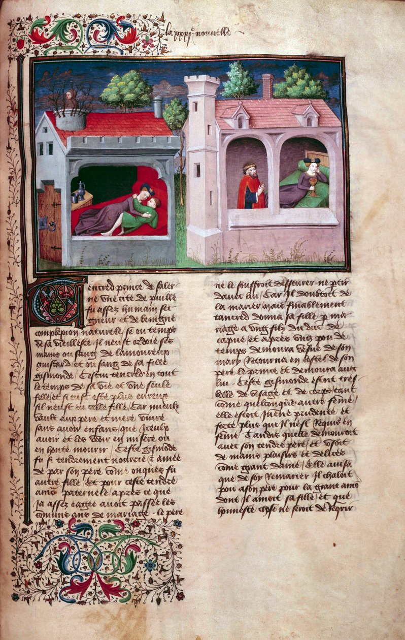 Gallant sahnesi: iki çift konuşuyor. İtalyan yazar Giovanni Boccaccio dit Jean Boccace