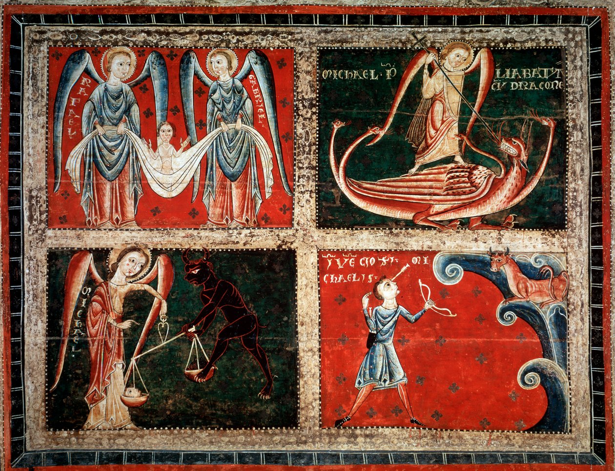 Başmelekler Raphael, Michel ve Gabriel (Başmelekler Mikail, Gabriel ve Raphael) Llussa ustasının tablosu (Llussa ustasının tablosu) 1220-1250 Santa Maria de Lluca manastırından, İspanya Barselona Museu Nacional d