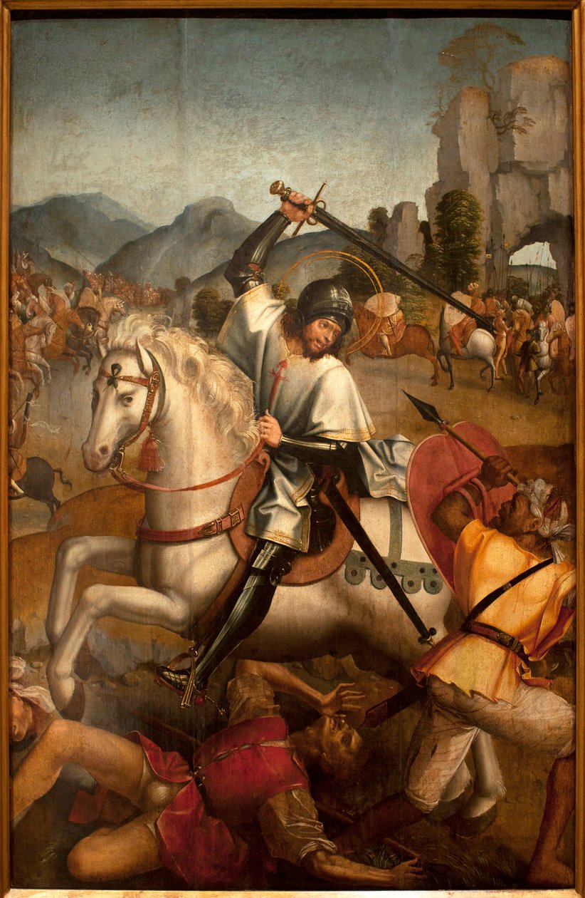 Saint Jacques les moures - Resim attribuee au maitre de Lourinha, ahşap üzerine yağlı boya, 1520 dolaylarında (Aziz James bozkırlarla savaşıyor, Lourinha ustası tarafından, pano üzerine yağlı boya, yaklaşık 1520) - Lizbon Antik Sanatlar Müzesi (Portekiz) by Master of Lourinha