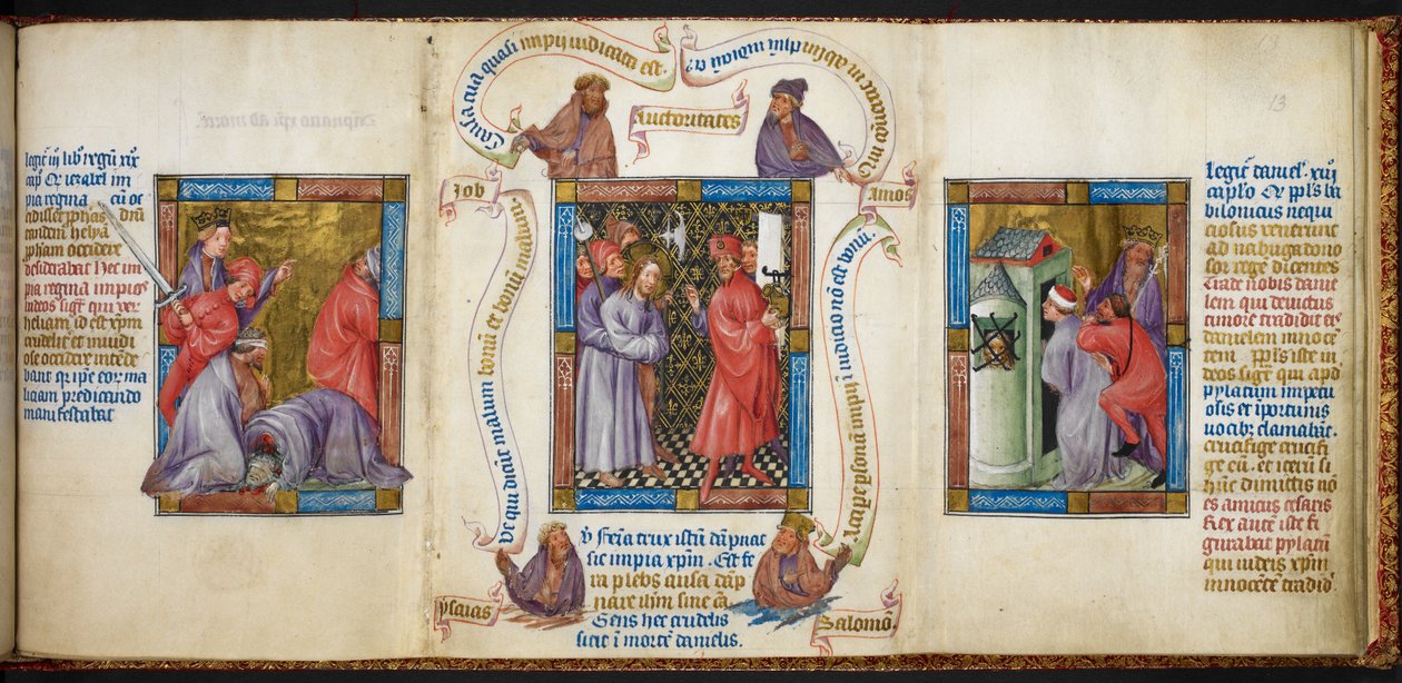 'Peygamberlerin Öldürülmesi', 'Mesih'in Pilatus'tan Önce' ve 'Daniel'in Hapsedilmesi'ni tasvir eden üç sahne, 'Biblia Pauperum'dan bir örnek by Master of Margaret of Cleves