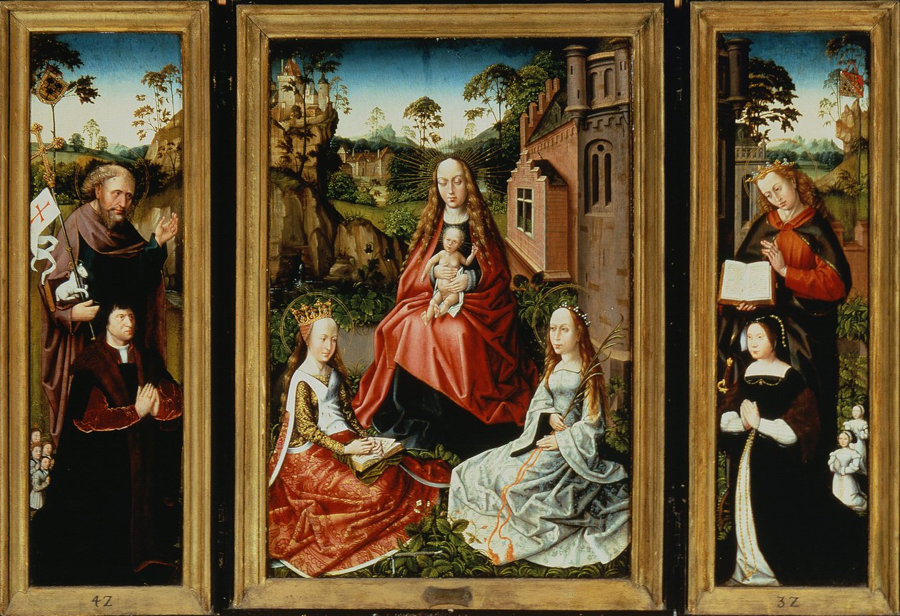 Azizler ve Bağışçılarla Madonna ve Çocuk (panelde yağlı boya) by Master of Saint Anna
