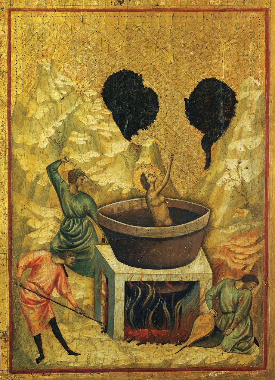 Aziz Cecilia kaynar su banyosunda, Aziz Cecilia'nın Hikayelerini gösteren altar parçasının detayı, yaklaşık 1304, Aziz Cecilia'nın Efendisi (14. yüzyılın başlarında aktif), panel üzerinde tempera ve damgalı altın varak, 85x181 cm by Master of Saint Cecilia