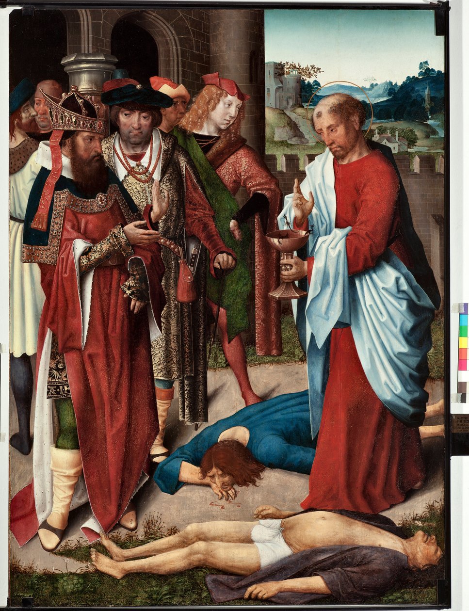 Aziz John evangelistinin hayatından bir bölüm: “Zehir kasesinin mucizesi” (St John evangelistinin hayatı, St John bir bardak zehir içer) San Giovanni evangelista (Aziz John Evangelist) ustası tarafından boyama (15. yüzyılın sonu yüzyıl) Dim 120x90 cm Gen by Master of Saint John Evangelist