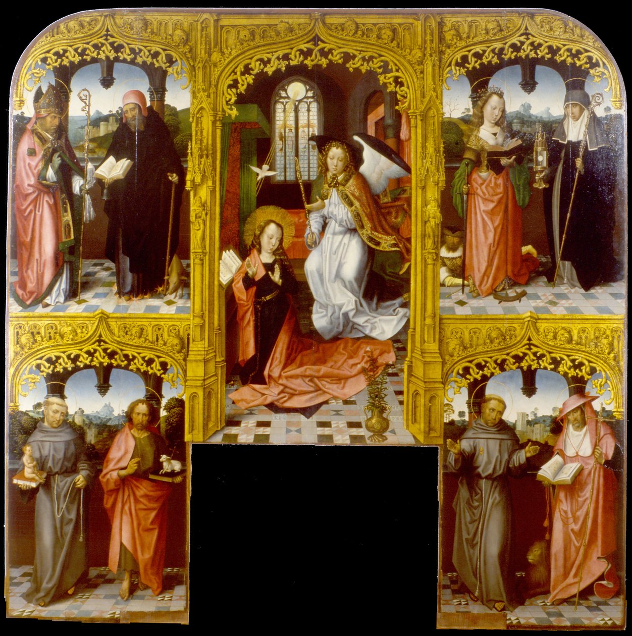 Aziz Lazarus ve Antony Abbot, İskenderiyeli Catherine ve Chiara, Padua Anthony ve Vaftizci Yahya, Francis ve Jerome ile Müjde by Master of Saint John the Evanglist