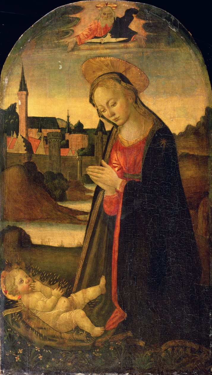 Çocuğa Tapan Madonna, Ötedeki Nehirde Bir Kasaba, c.1478 (panelde yağlı boya) by Master of San Miniato