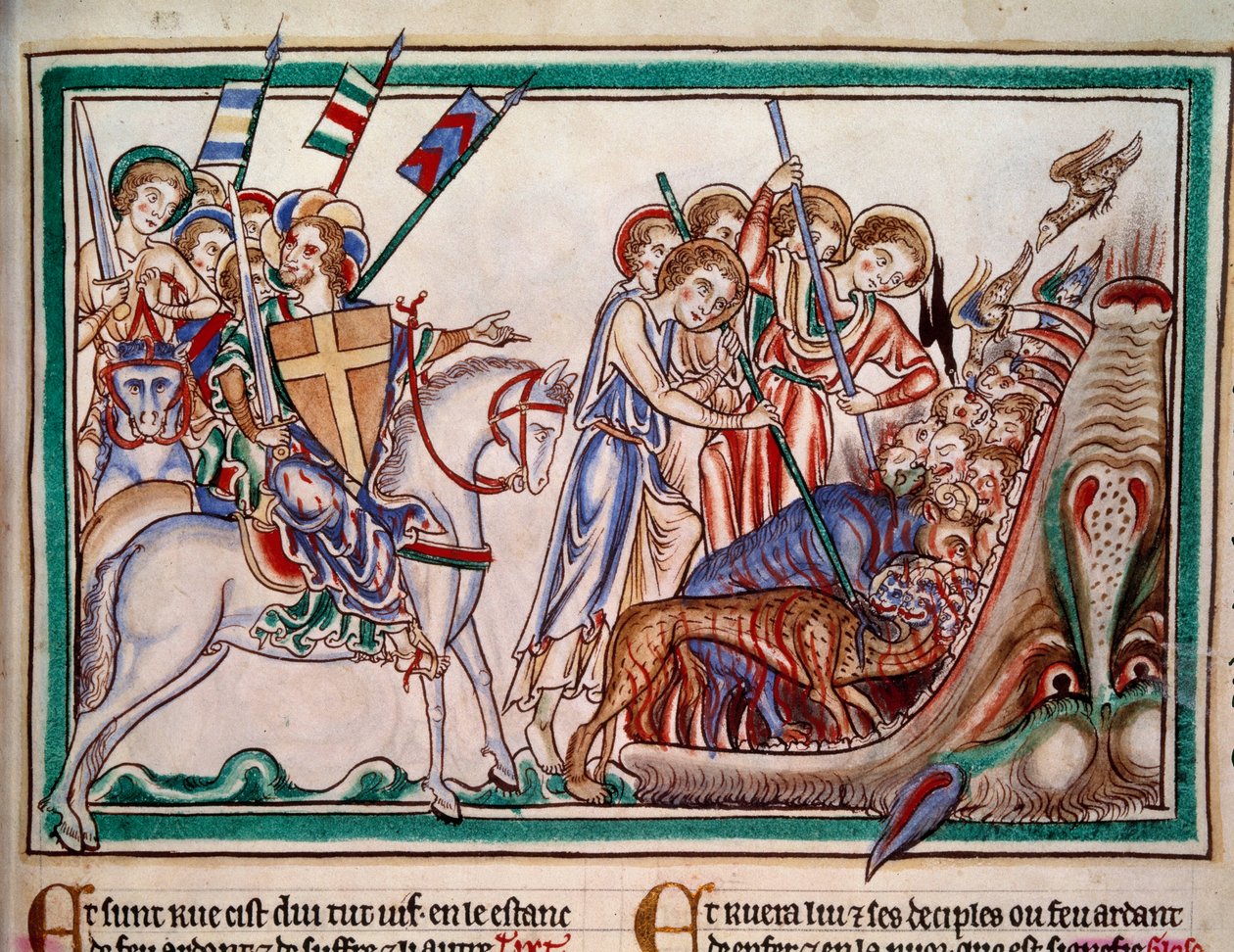Rab ve Arması (ost), Bete ve O'na tapanları Cehennemde hızlandırıyor. “” Apocalypse historiee”” el yazmasından minyatür, Folio 38. 1250. Master of Sarum'un Tezhibi. Paris, Hollanda by Master of Sarum