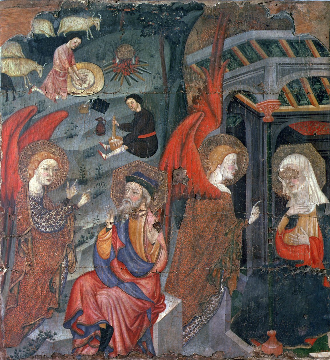 Tora, Segarra, Lleida'dan Bakire'ye adanmış bir mihraptan Arka Planda Peynir Yapan Çobanlarla Müjde (panelde tempera) by Master of Tora