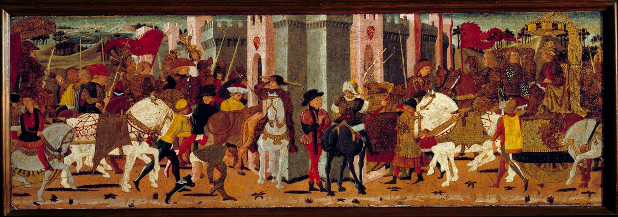 Roma İmparatoru Vespasian (9-79) ve oğlu Titus'un Roma'ya zaferle girişi. Master De Tournon De Sainte Croix'in ahşabında Detrempe by Master of Tournon de Sainte Croix