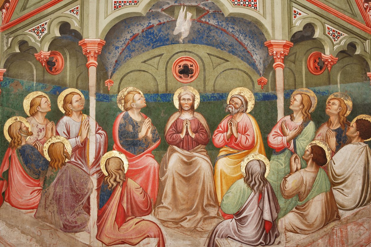 "Pentecost", Dua eden azizler, Meryem Ana ve güvercin ile ilgili detay, c.1420 (fresk) by Master of Vignola
