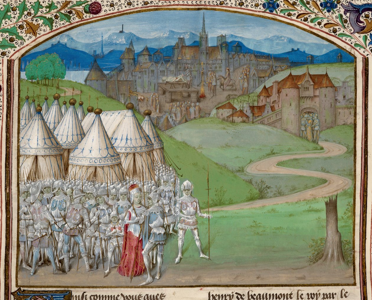 Royal 15 E. IV f.316v Kraliçe Isabella ve ordusu arka planda Hugh le Despenser