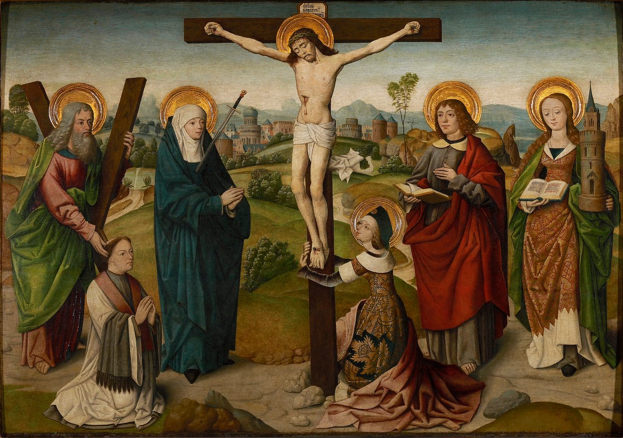 Azizler ve Bağışçılar ile Çarmıha Gerilme, c.1490-1495. by Master of the Aachen Cabinet Doors