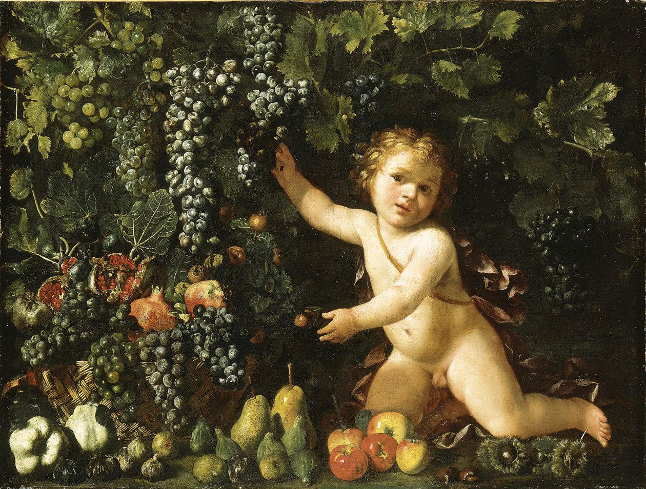 Bir sepet içinde asma üzüm, nar, üzüm ve kuşburnu, incir, elma, armut ve kestane ile bir putto by Master of the Acquavella Still Life