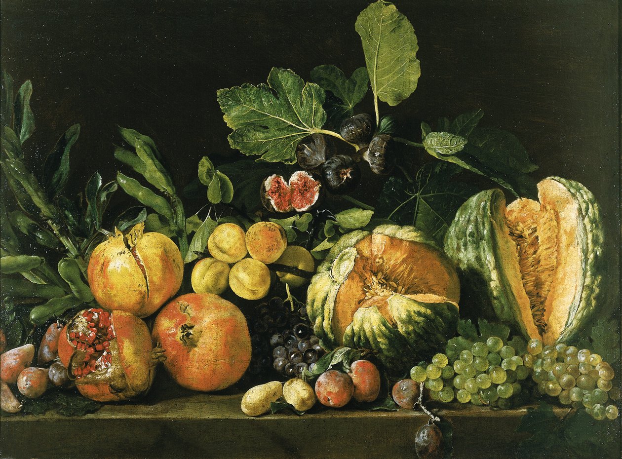 Bir taş çıkıntı üzerinde nar, kavun, üzüm, şeftali, incir ve diğer meyveler by Master of the Acquavella Still Life