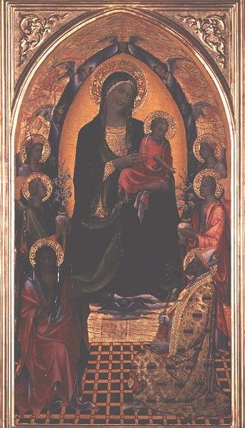Vaftizci Yahya ve Myralı Aziz Nikolaos ile Madonna ve Çocuk (panelde mizaç) by Master of the Bambino Vispo
