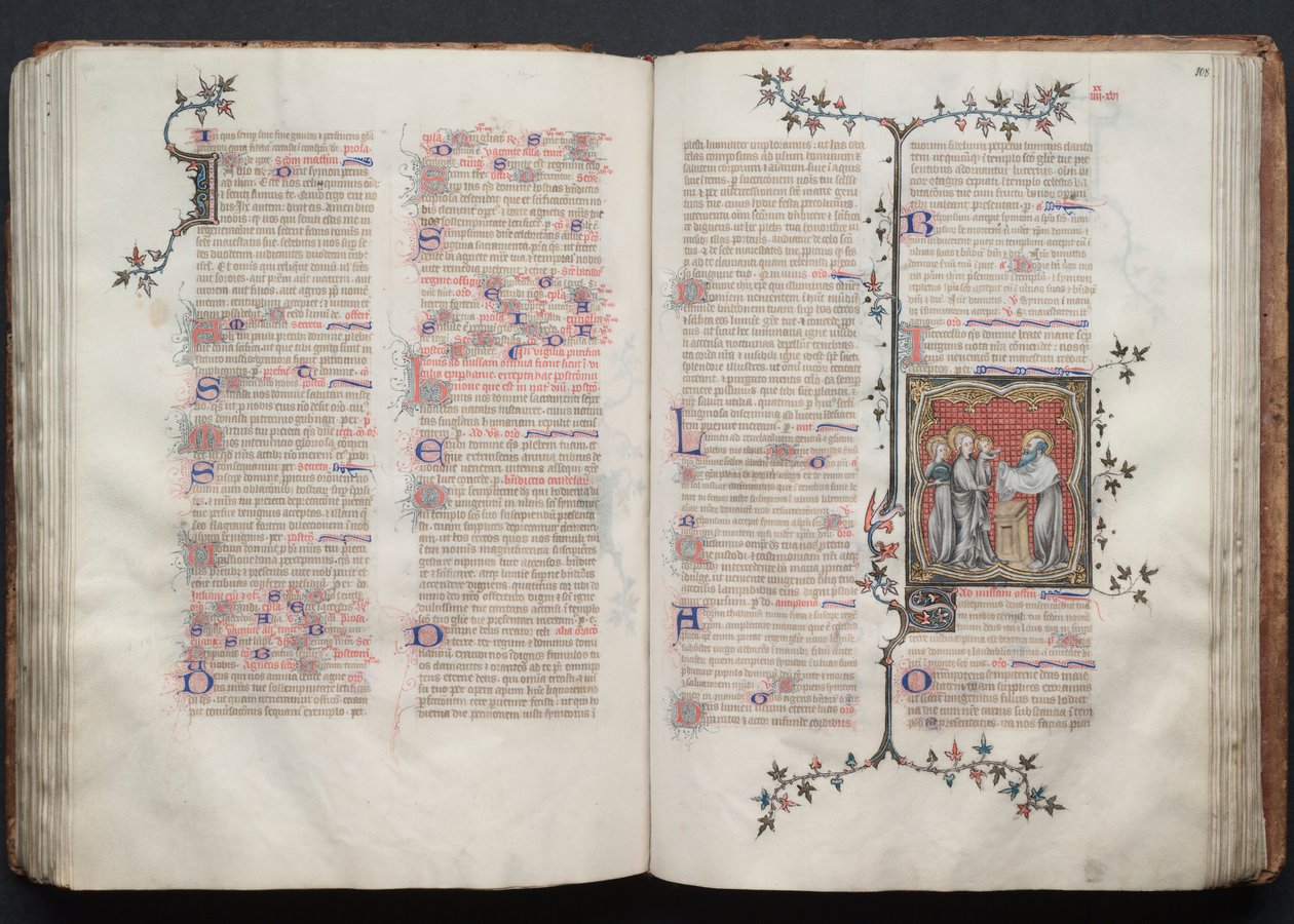 Gotha Missal: Fol. 108r, Tapınakta Sunum, c. 1375. by Master of the Boqueteaux