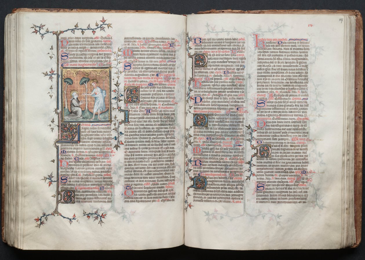 Gotha Missal: Fol. 116v, Magdalalı St. Mary Kneels, c. 1375. by Master of the Boqueteaux