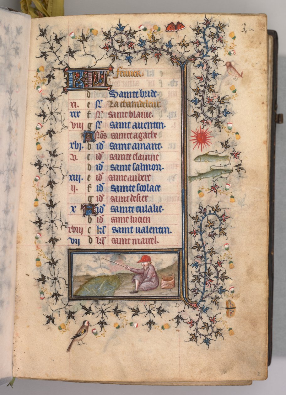 Charles the Noble, Navarre Kralı 1361-1425 saatleri: fol. 2r, Şubat, c. 1405. by Master of the Brussels Initials and Associates