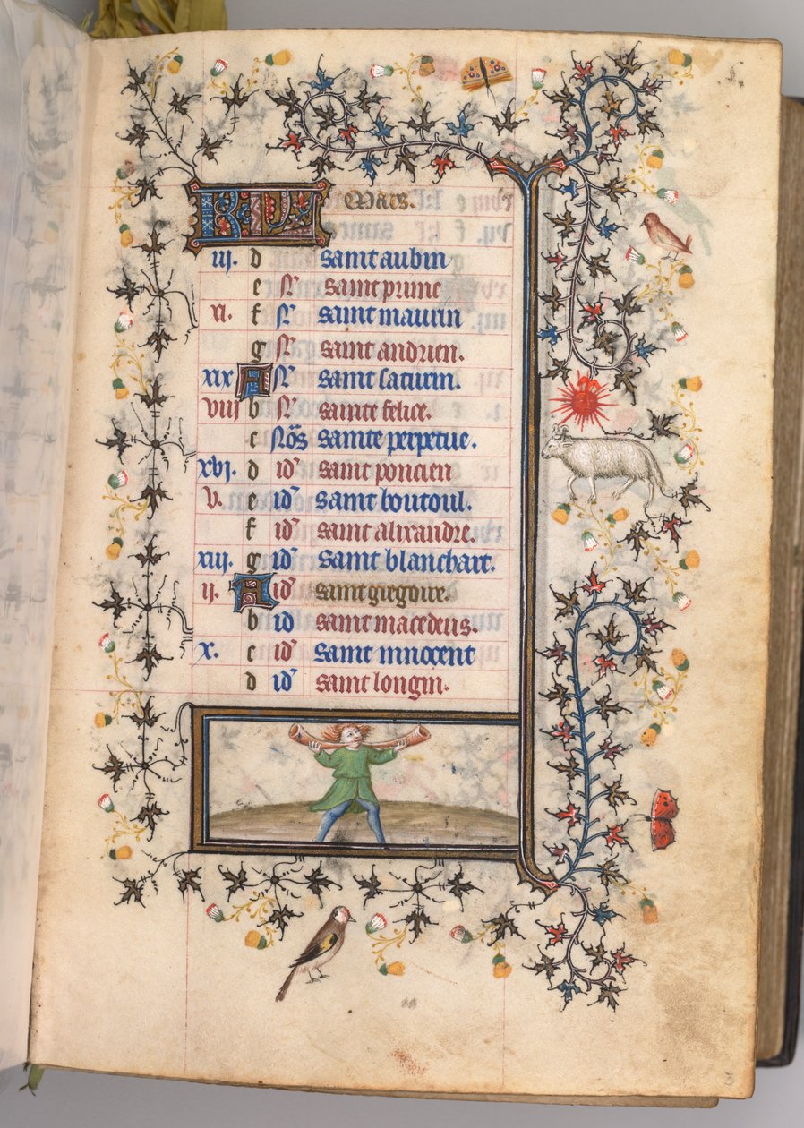 Charles the Noble, Navarre Kralı 1361-1425 saatleri: fol. 3r, Mart, c. 1405. by Master of the Brussels Initials and Associates