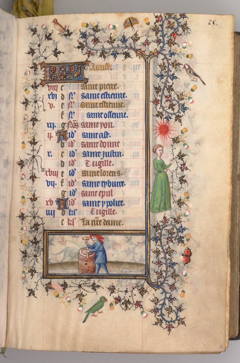 Charles the Noble, Navarre Kralı 1361-1425 saatleri: fol. 8r, Ağustos, c. 1405. by Master of the Brussels Initials and Associates