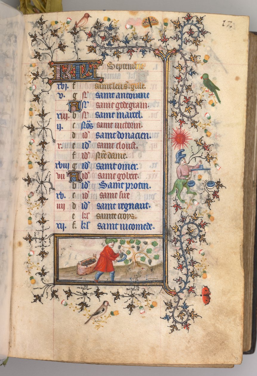 Charles the Noble, Navarre Kralı 1361-1425 saatleri: fol. 9r, Eylül, c. 1405. by Master of the Brussels Initials and Associates