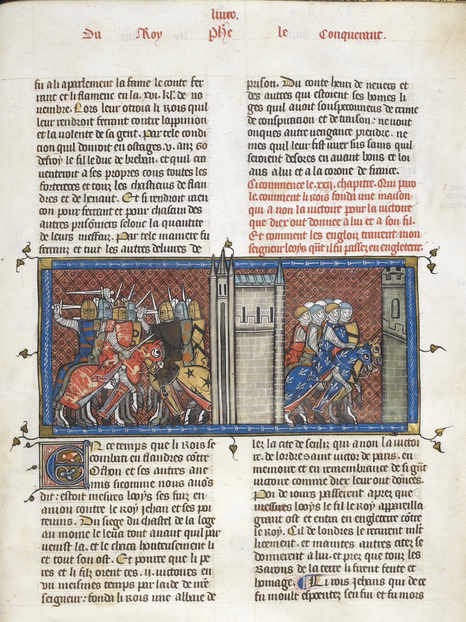Royal 16 G. VI f.385 Yürüyüşte İngiltere kralı John ve Louis VIII ile bir savaş, 