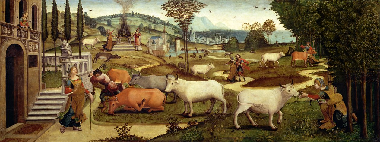 Girit Kralı Minos'un karısı Pasiphae'nin Tutkuları, Theseus'un Öyküsünden (panelde yağlı boya) by Master of the Campana Cassoni